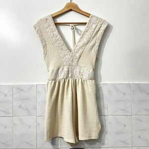 Zara S Ivory Cream Lace V Neck Open Back Romper Feminine Romantic Coquette